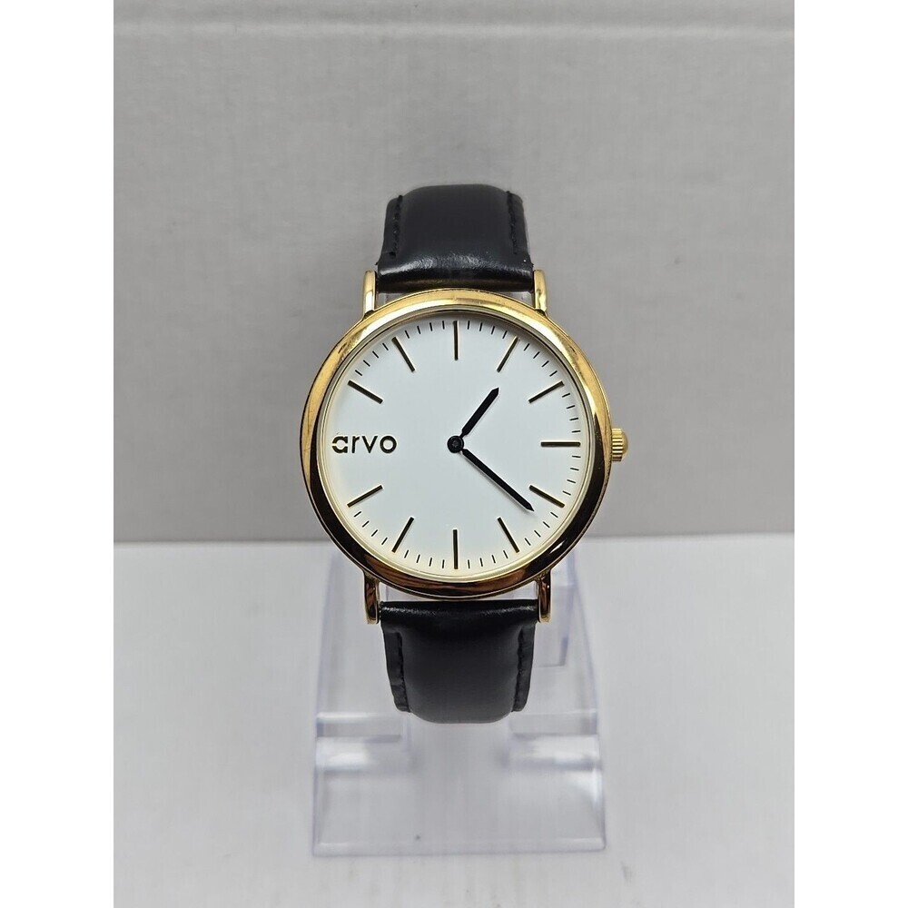 Arvo Time Sawyer Gold White Dial Black Leather Quartz Watch New Battery Mens